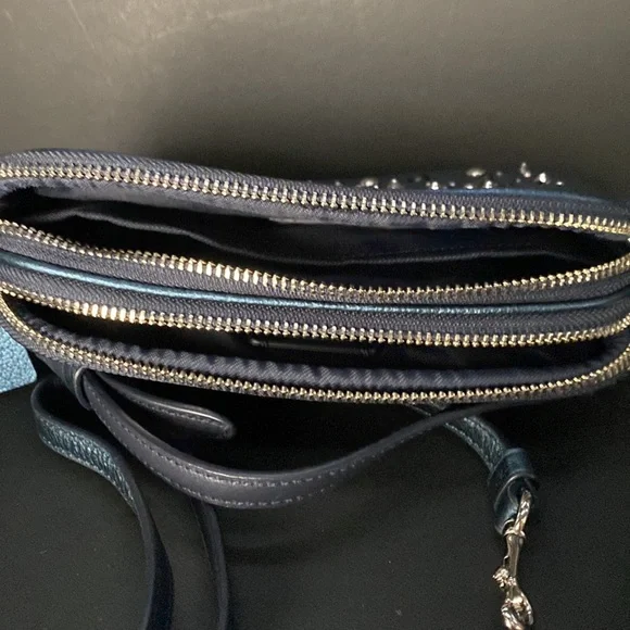 Coach Crossbody Metallic Blue Studded Rivets Star NASA Wristlet Bag Purse Wallet - Picture 9 of 15